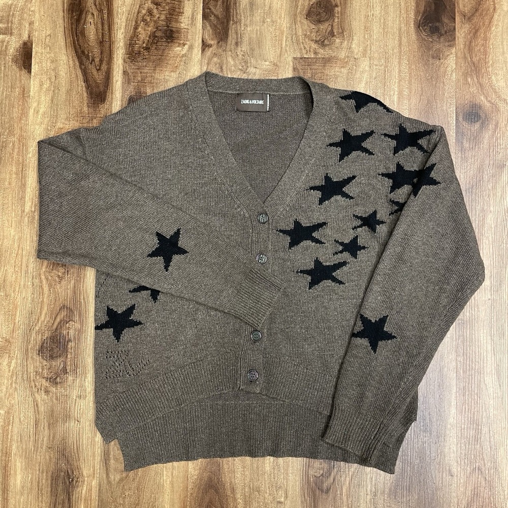 Zadig & Voltaire Mirka WS Stars Strass Cashmere Gray Cardigan Sweater Women's S - Picture 2 of 7